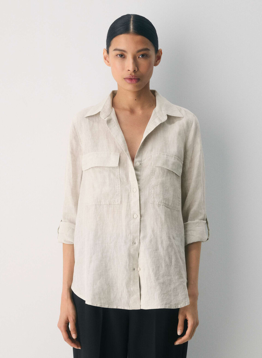 camicia utility in lino ecru non tinta