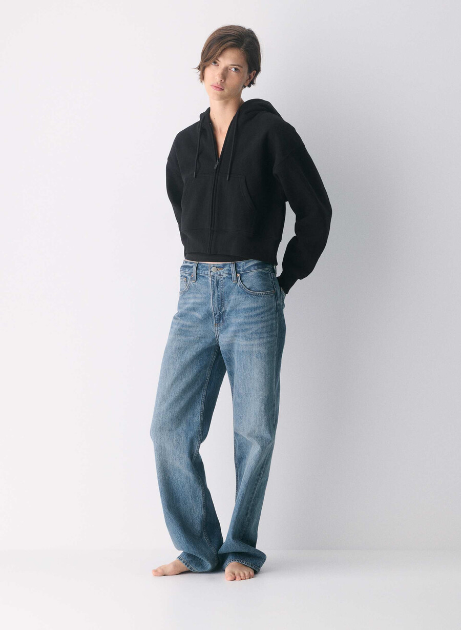 felpa con cappuccio e zip cozy sweatfleece boyfriend nera