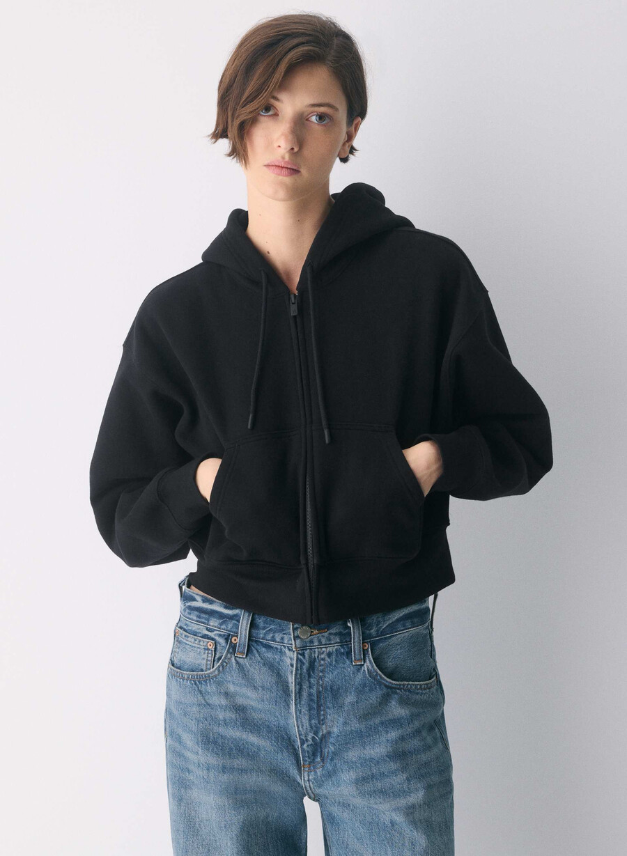 felpa con cappuccio e zip cozy sweatfleece boyfriend nera