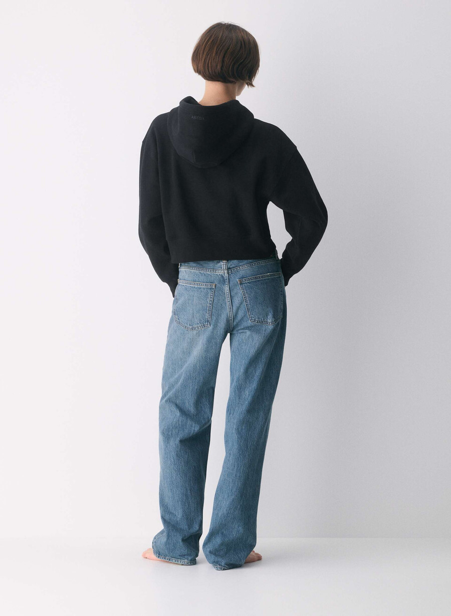 felpa con cappuccio e zip cozy sweatfleece boyfriend nera