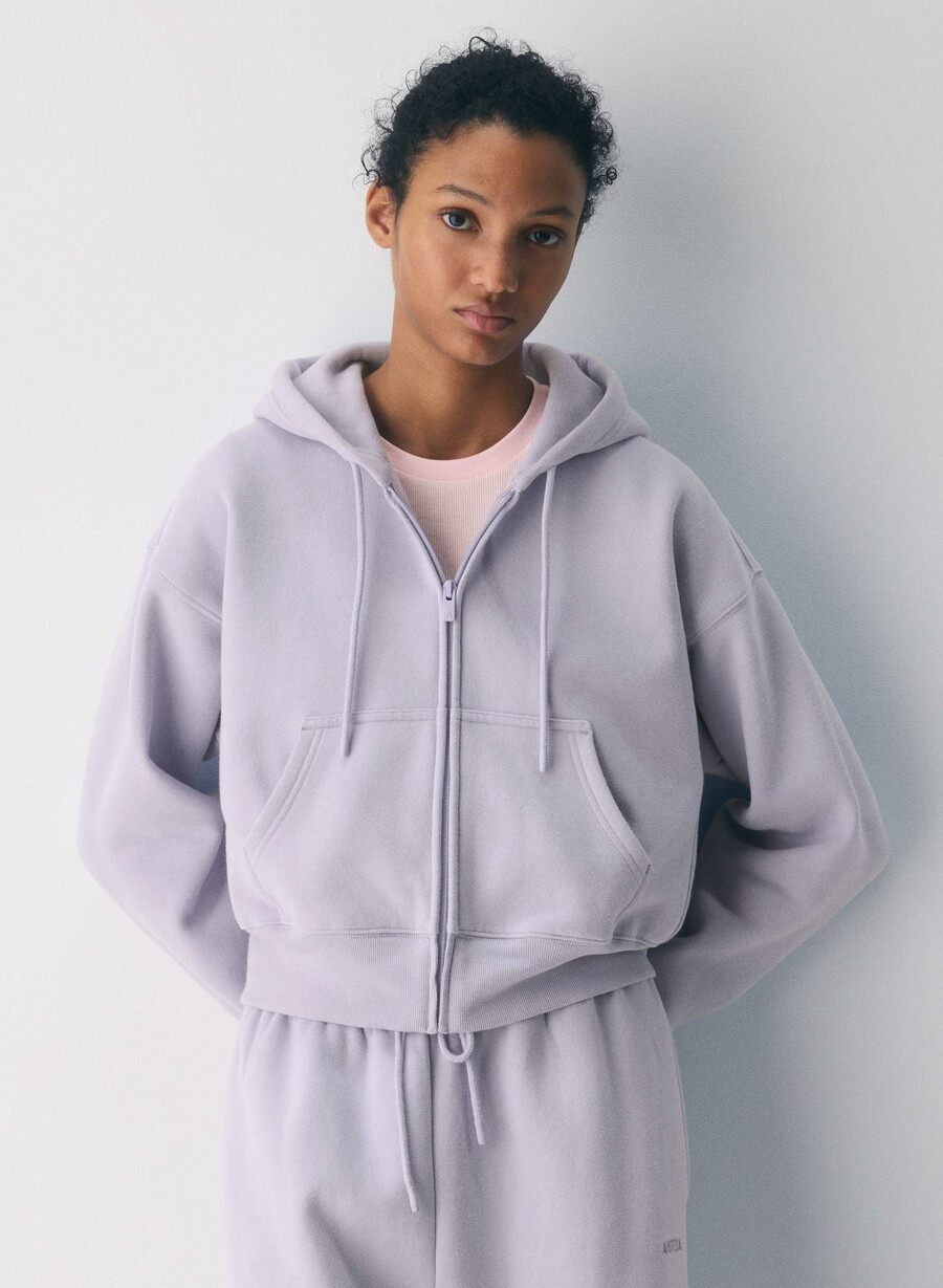 felpa con cappuccio e zip cozy sweatfleece boyfriend boxy wildflower lilac