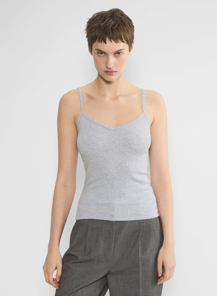 canotta con scollo a v e pizzo a coste homestretch heather chrome