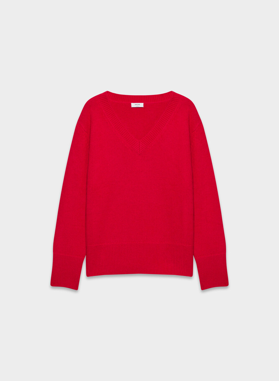 maglione oversize in cashmere con scollo a v colore rosso lampeggiante