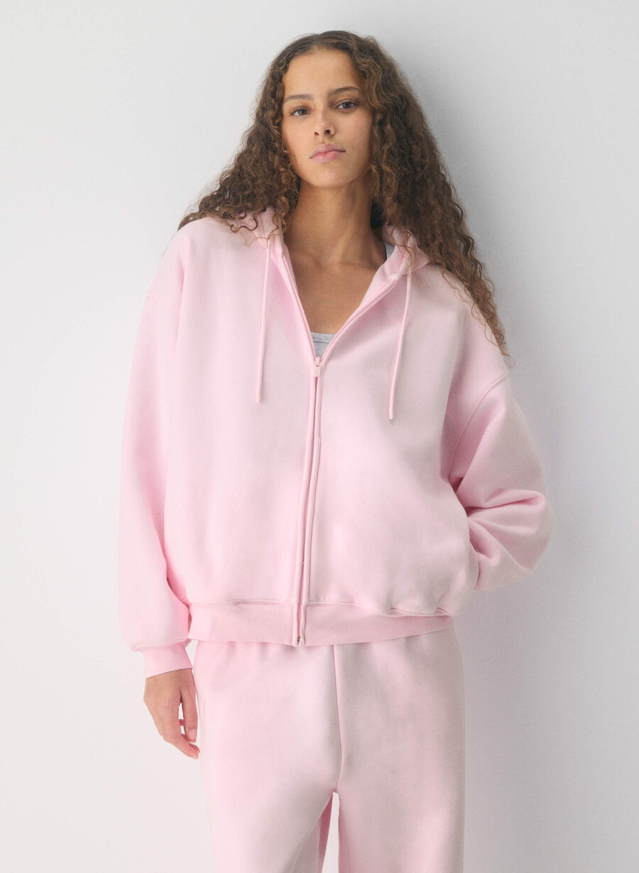 felpa con cappuccio e zip gigante cozy sweatfleece villa pink