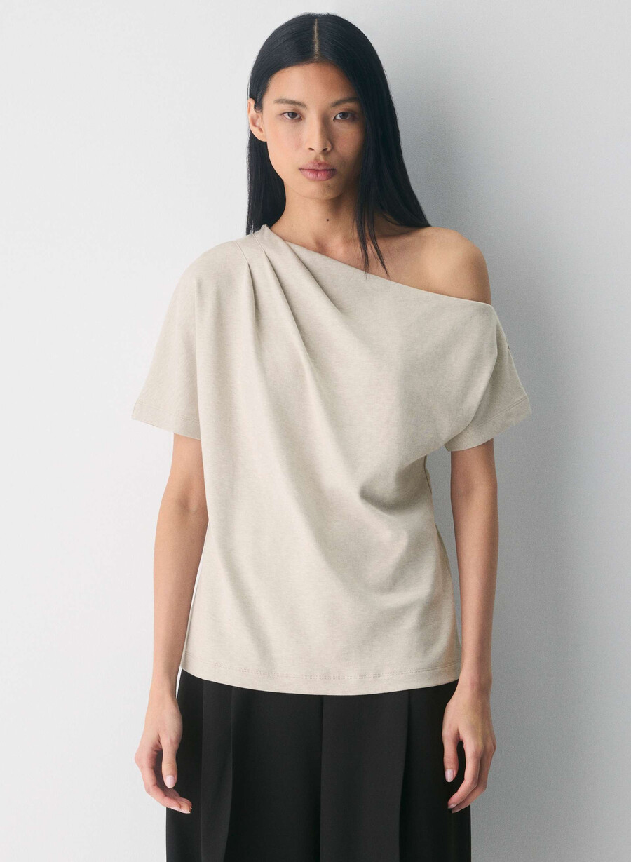 top in cotone interlock con scritta heather ecru