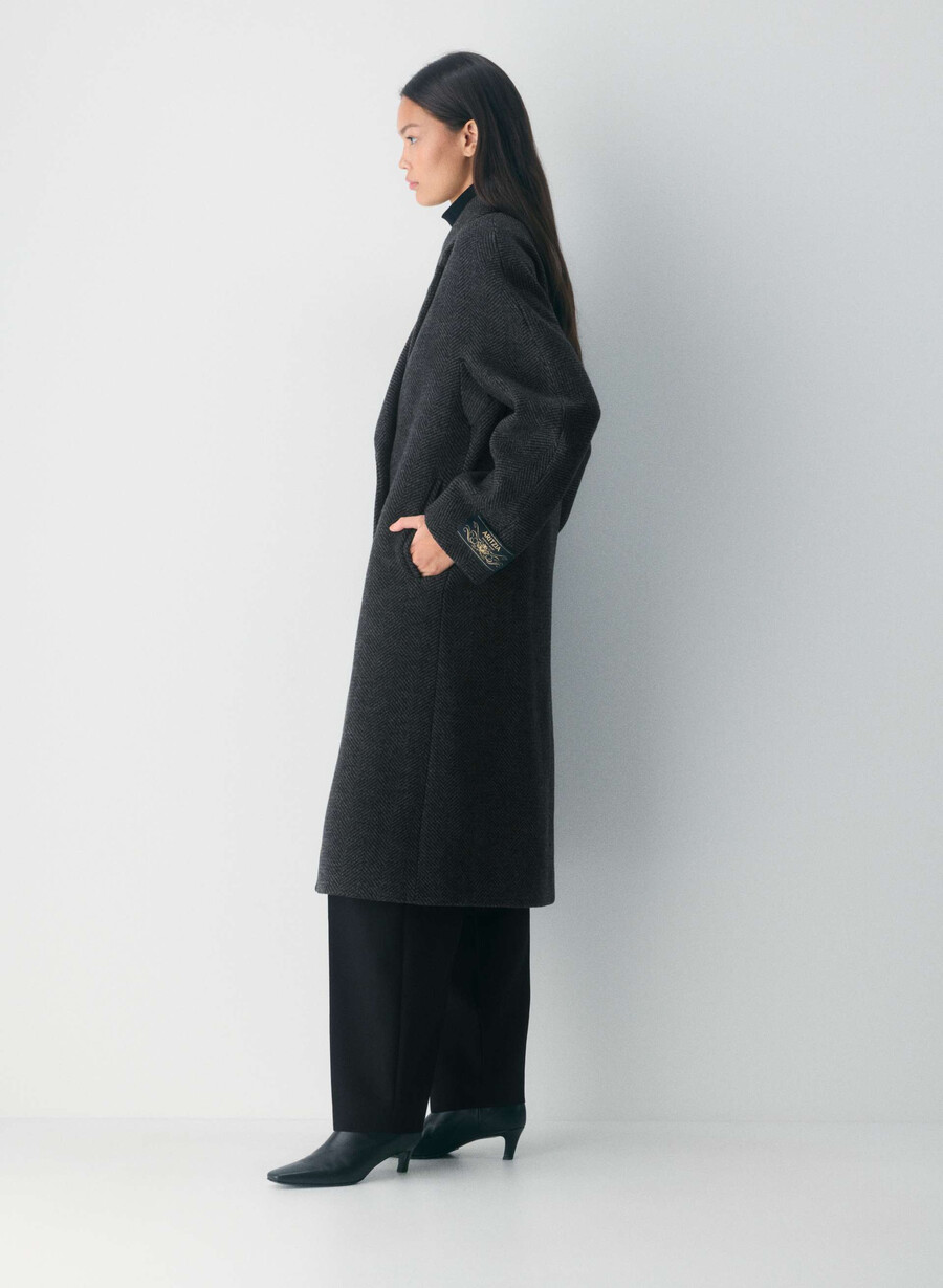 cappotto the slouch - morbido cashmere in lana e lino herringbn nerogrigio