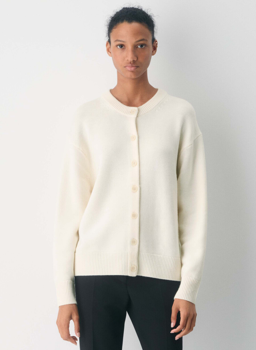 cardigan girocollo in lana merino essenziale betulla chiara