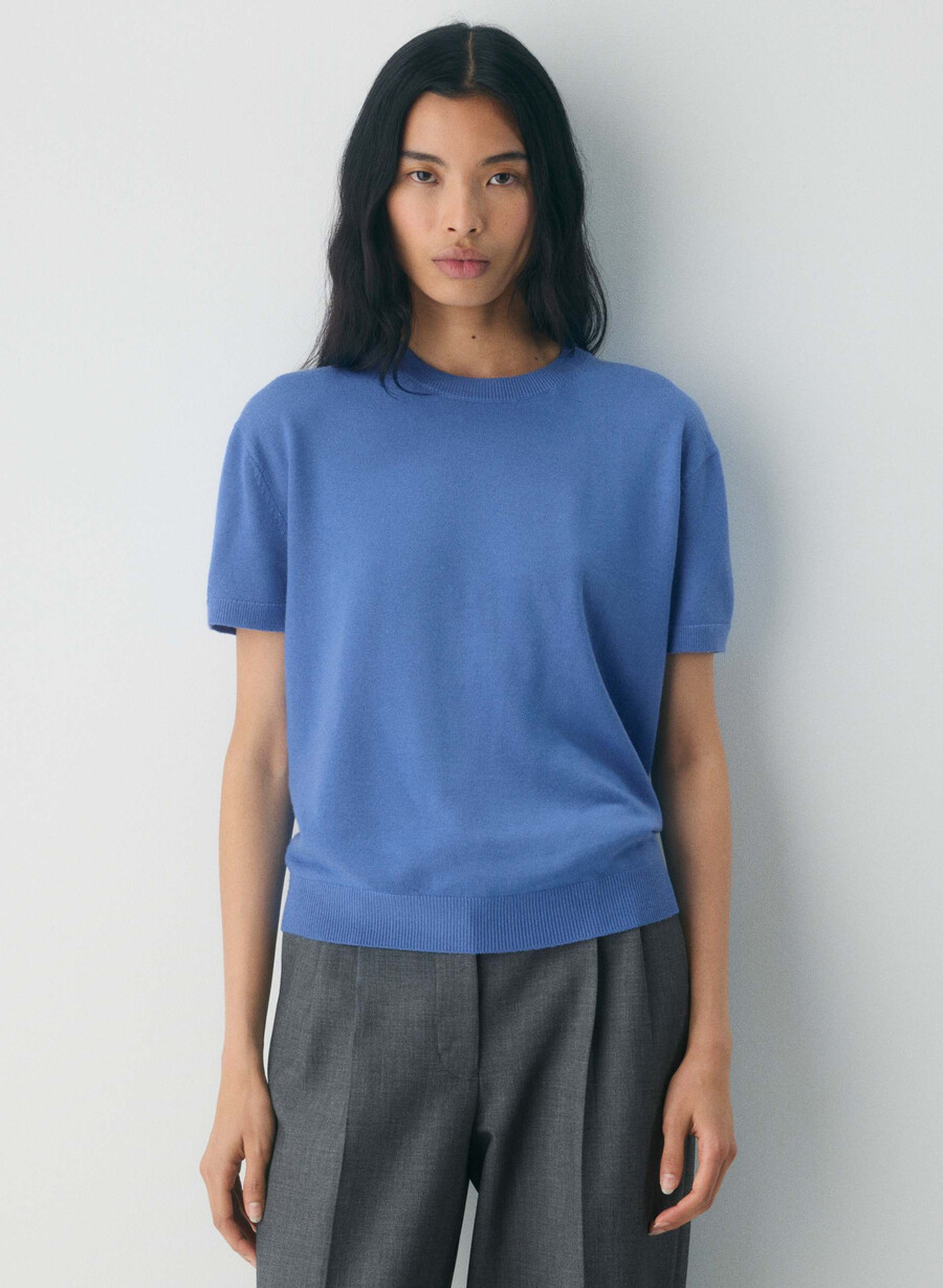 maglietta girocollo in lana merino bare blu francese