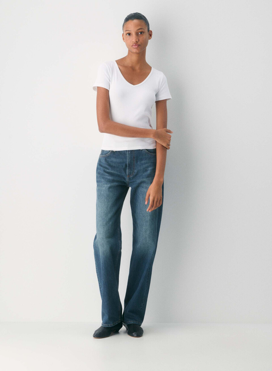 t-shirt homestretch a coste con scollo a v bianca