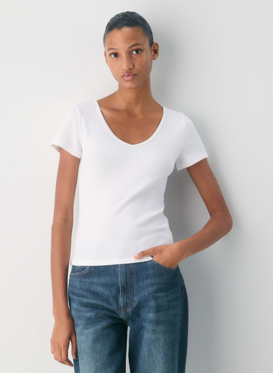 t-shirt homestretch a coste con scollo a v bianca
