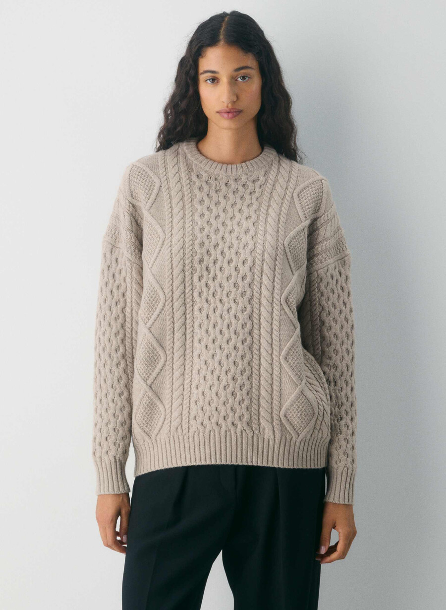 maglione girocollo in lana merino heritage knit heather nomad taupe