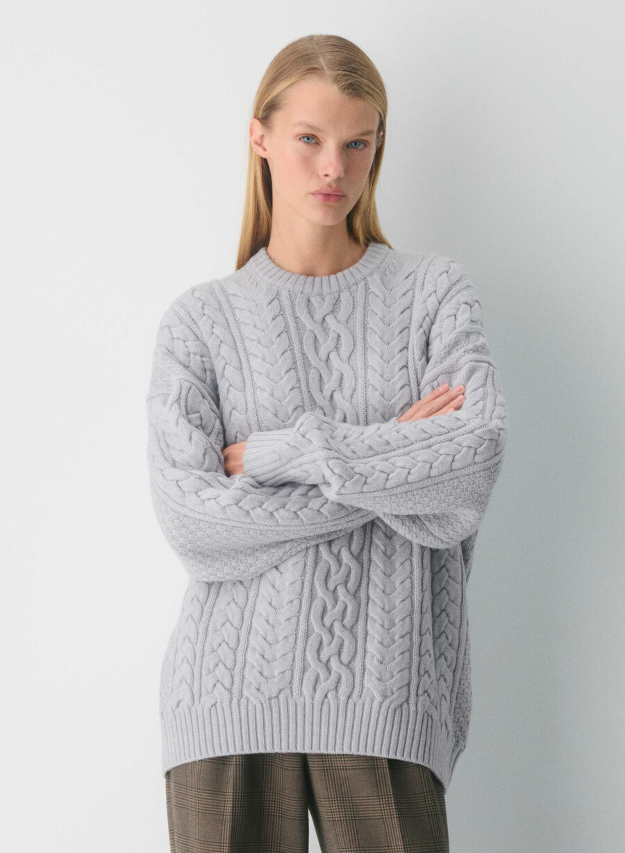 maglione girocollo in lana merino heritage knit heather chrome
