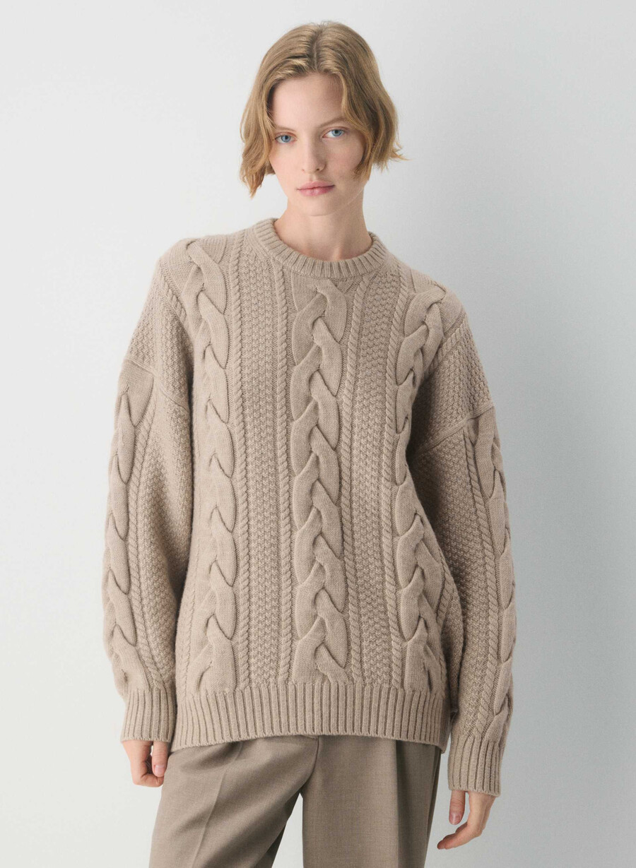 maglione girocollo in lana merino heritage knit heather nomad taupe