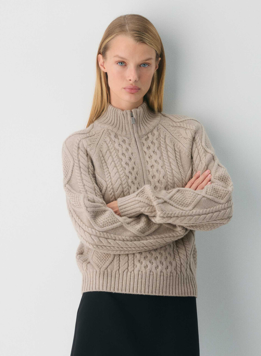 maglione heritage knit in lana merino con cerniera a 14 heather nomad taupe