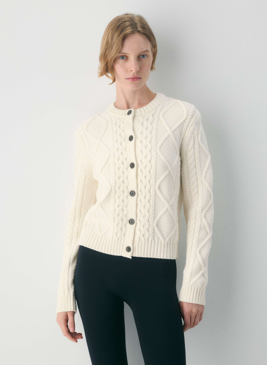 cardigan girocollo in lana merino lavorato a maglia heritage bianco sussurramento