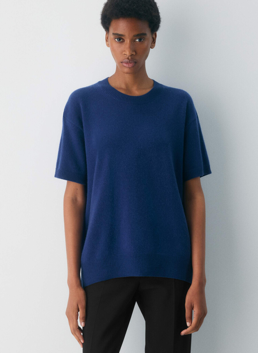 maglione a maniche corte rilassato in cashmere e piume byron blue