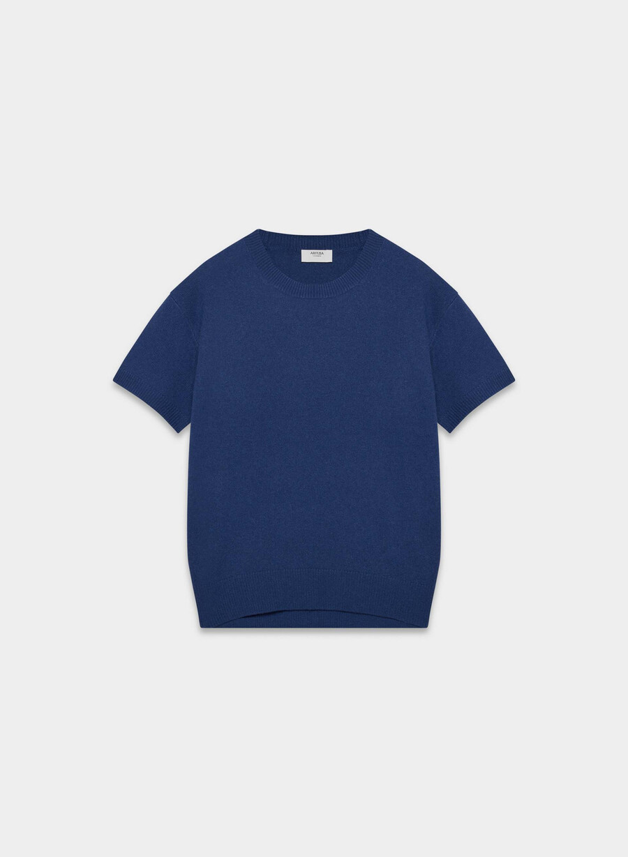maglione a maniche corte rilassato in cashmere e piume byron blue