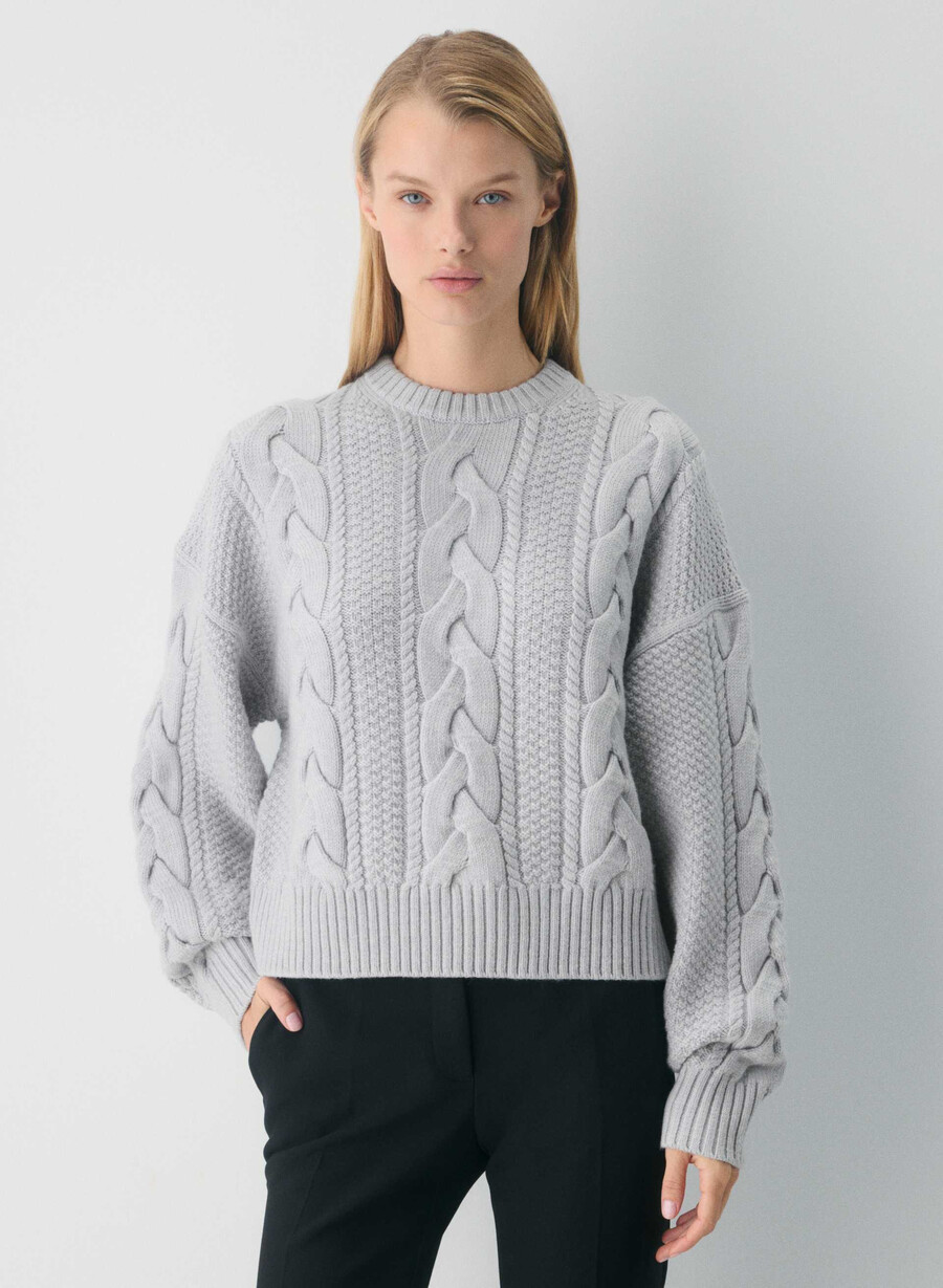 maglione girocollo a vita alta in lana merino heritage knit heather chrome