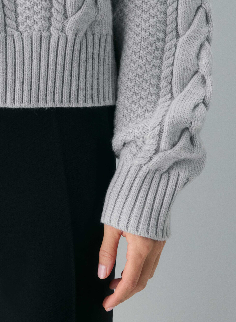 maglione girocollo a vita alta in lana merino heritage knit heather chrome