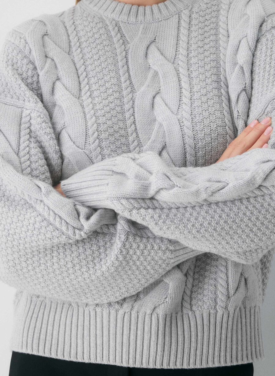 maglione girocollo a vita alta in lana merino heritage knit heather chrome