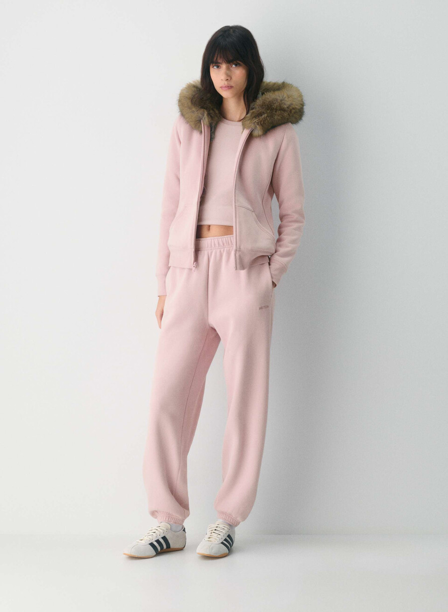 felpa con cappuccio e zip in pile morbido e confortevole colore rosa polverebeige lince