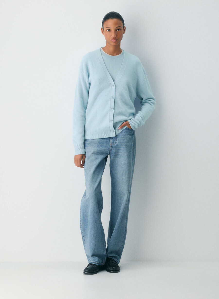 cardigan con scollo a v in cashmere e piume blu rugiada