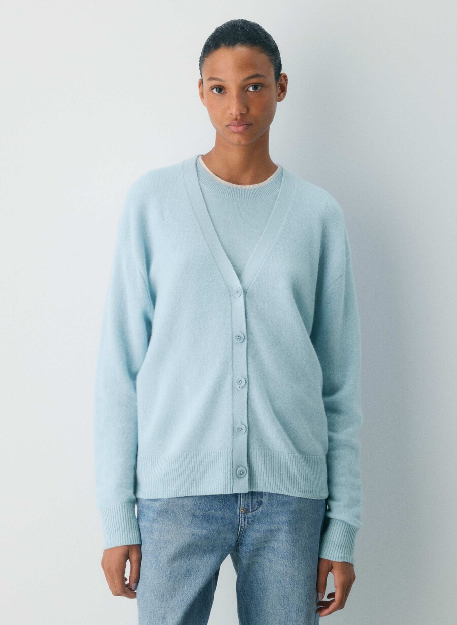 cardigan con scollo a v in cashmere e piume blu rugiada