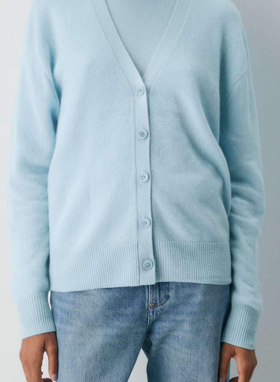 cardigan con scollo a v in cashmere e piume blu rugiada