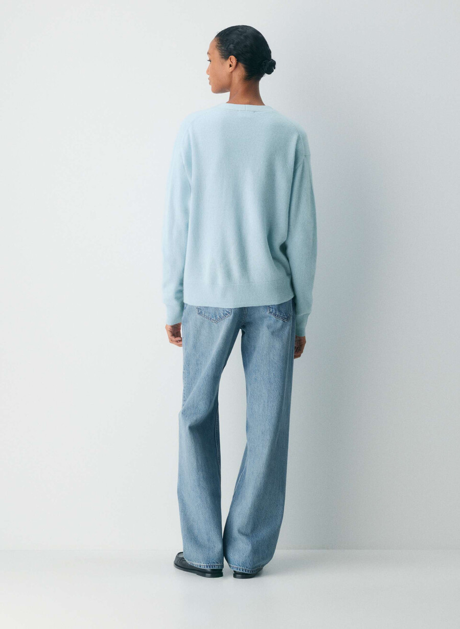 cardigan con scollo a v in cashmere e piume blu rugiada