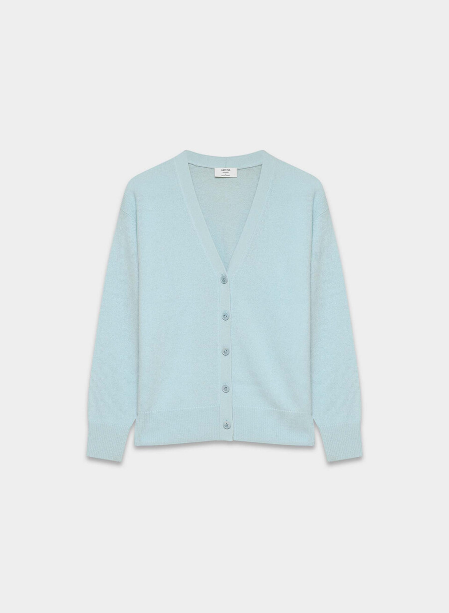 cardigan con scollo a v in cashmere e piume blu rugiada