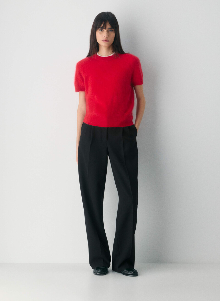maglione girocollo a maniche corte in cashmere spazzolato rosso lampeggiante