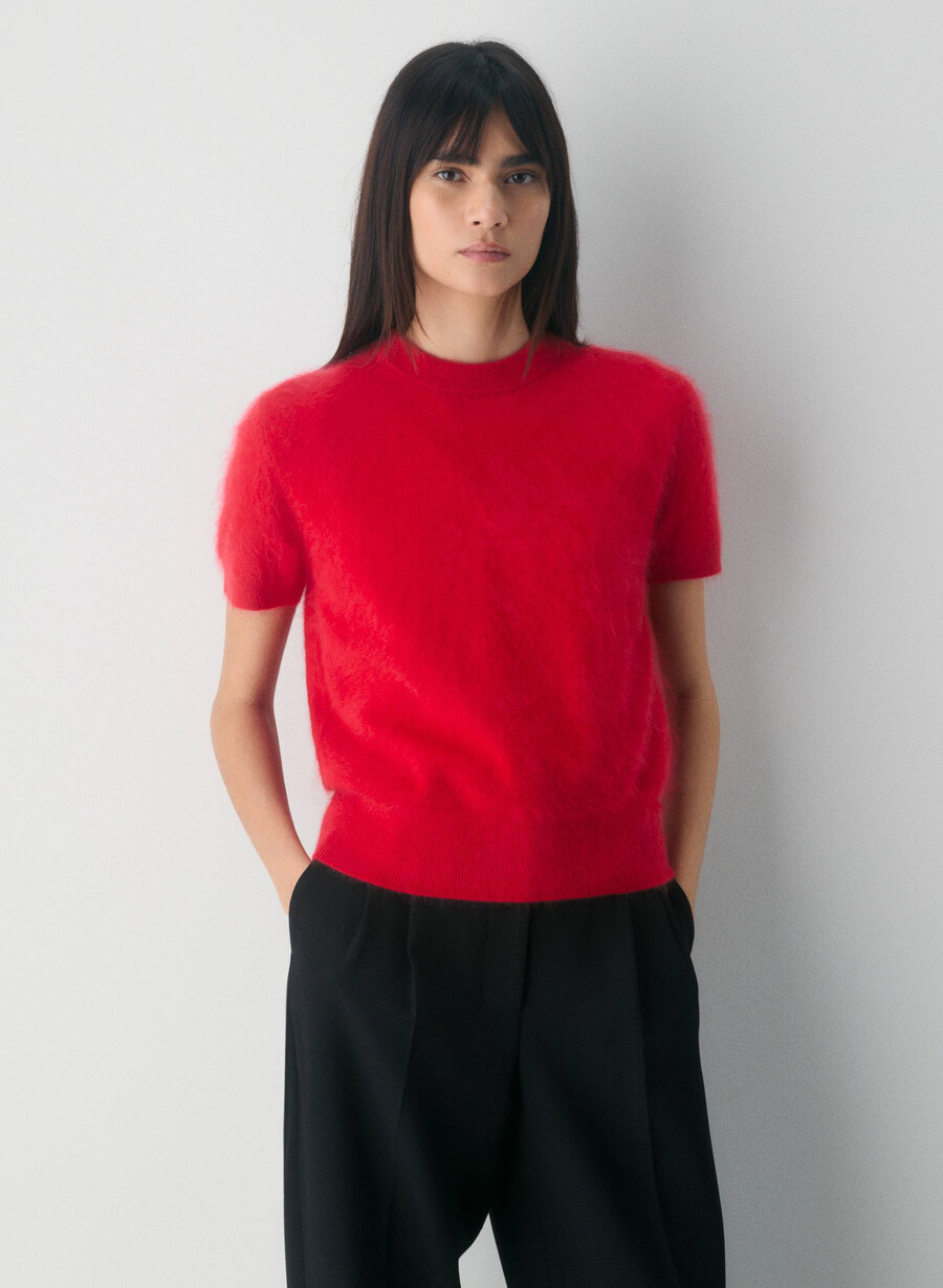 maglione girocollo a maniche corte in cashmere spazzolato rosso lampeggiante