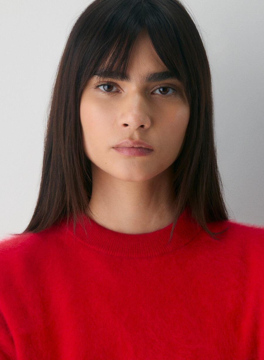 maglione girocollo a maniche corte in cashmere spazzolato rosso lampeggiante
