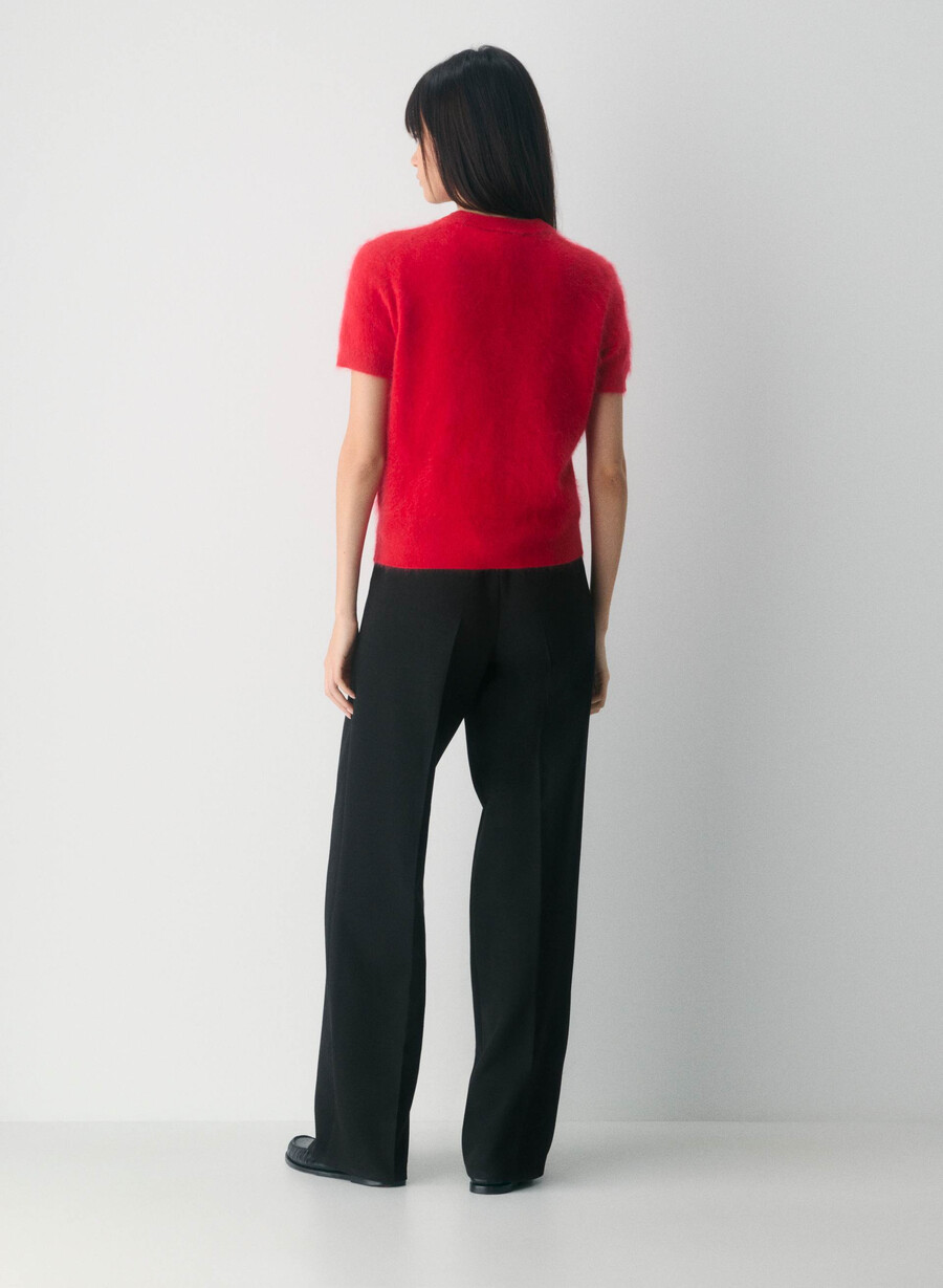maglione girocollo a maniche corte in cashmere spazzolato rosso lampeggiante