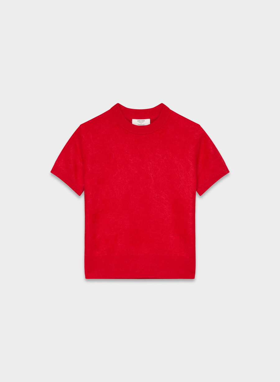 maglione girocollo a maniche corte in cashmere spazzolato rosso lampeggiante