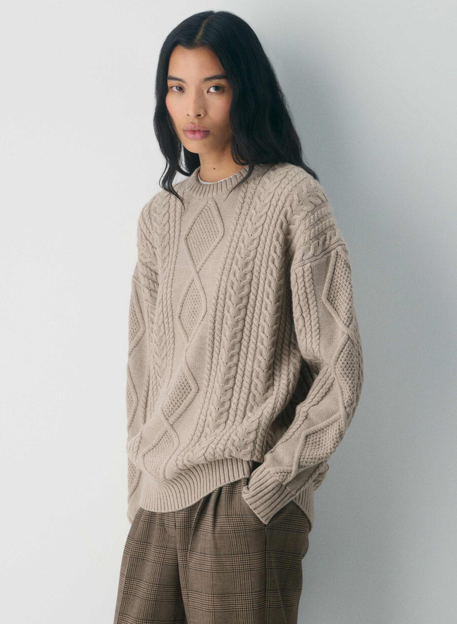 maglione girocollo in lana merino heritage knit heather nomad taupe