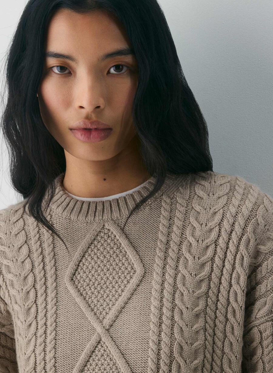 maglione girocollo in lana merino heritage knit heather nomad taupe