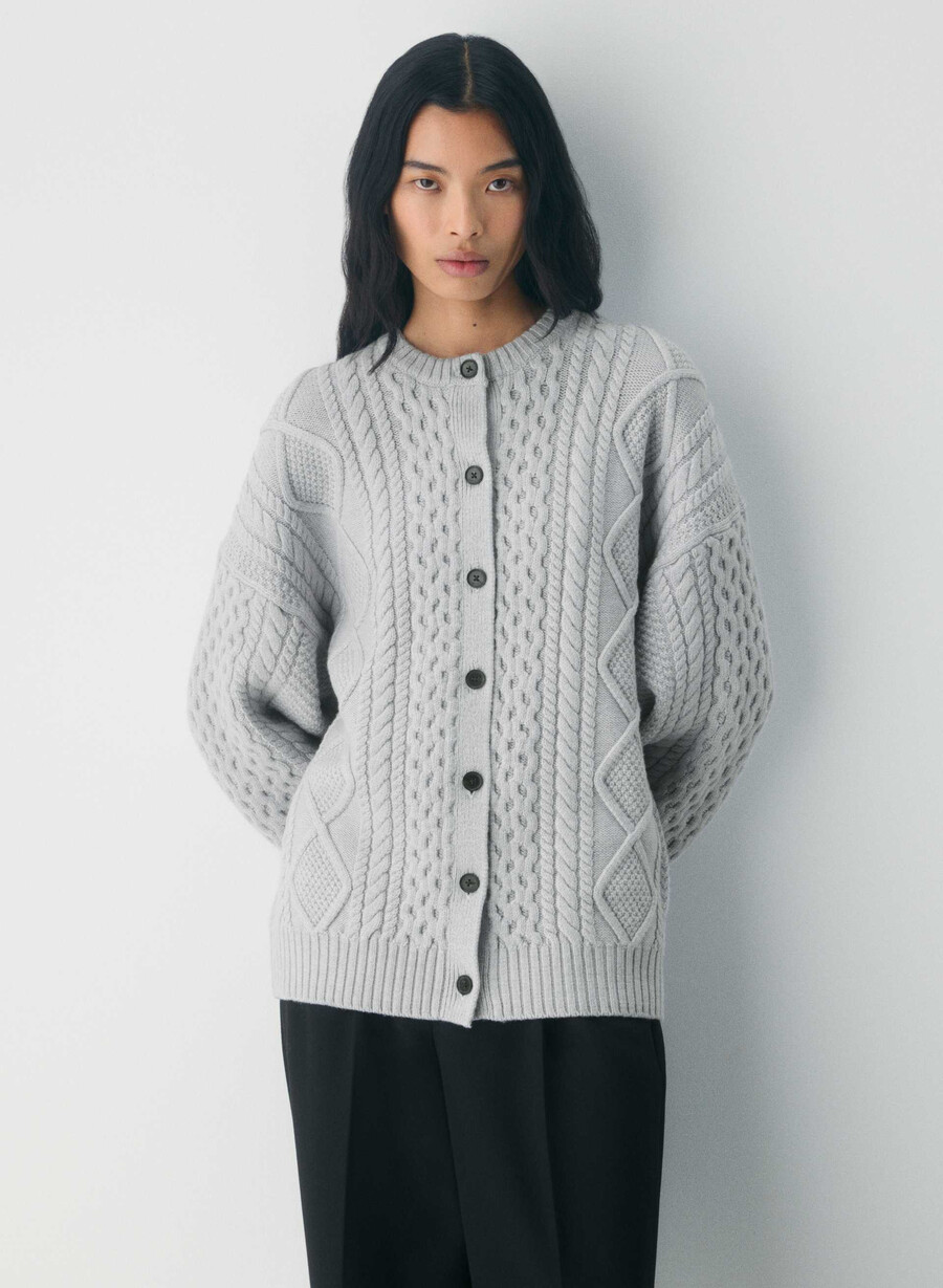 cardigan girocollo in lana merino heritage knit heather chrome