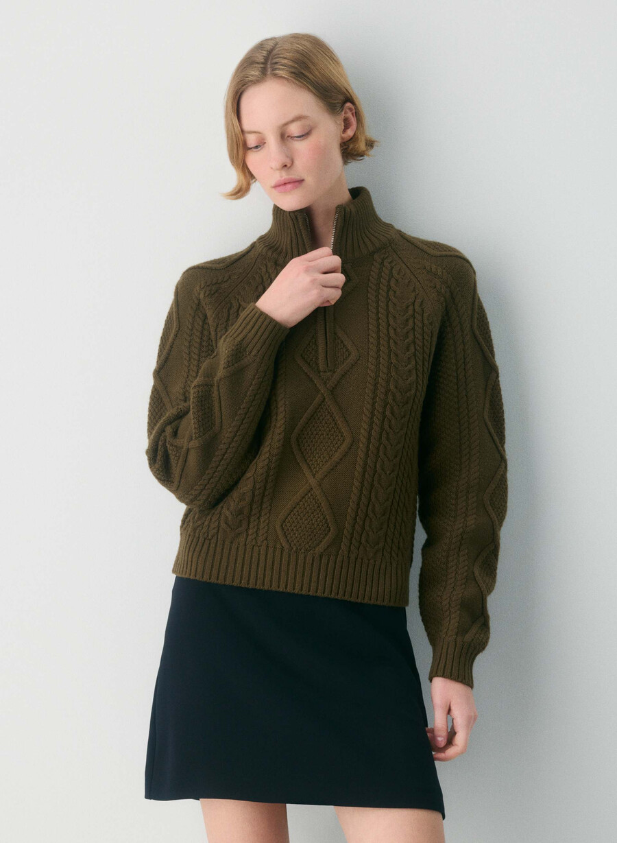 maglione a vita alta con cerniera 14 in lana merino heritage private green
