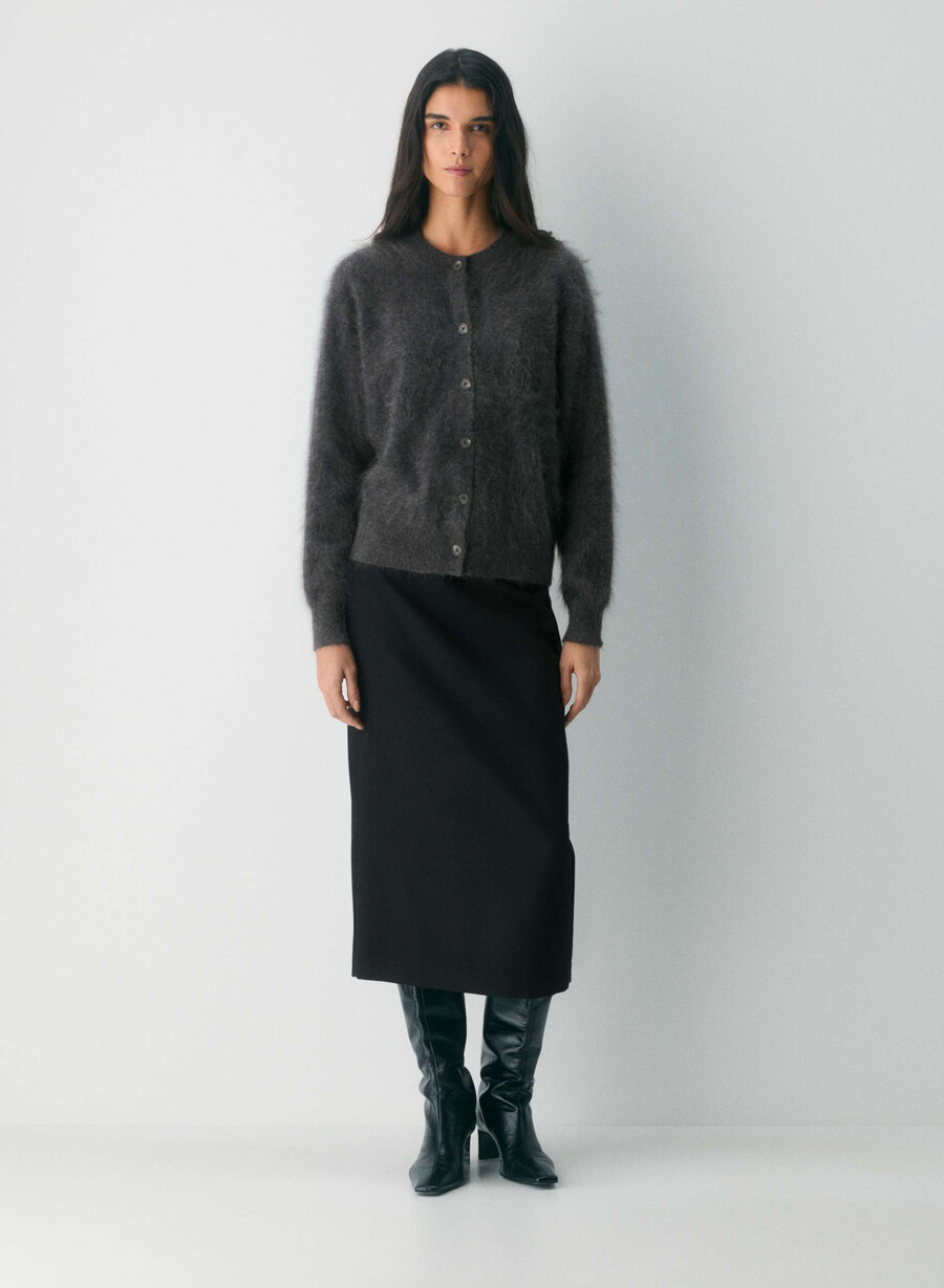 cardigan girocollo rilassato in cashmere spazzolato heather charcoal
