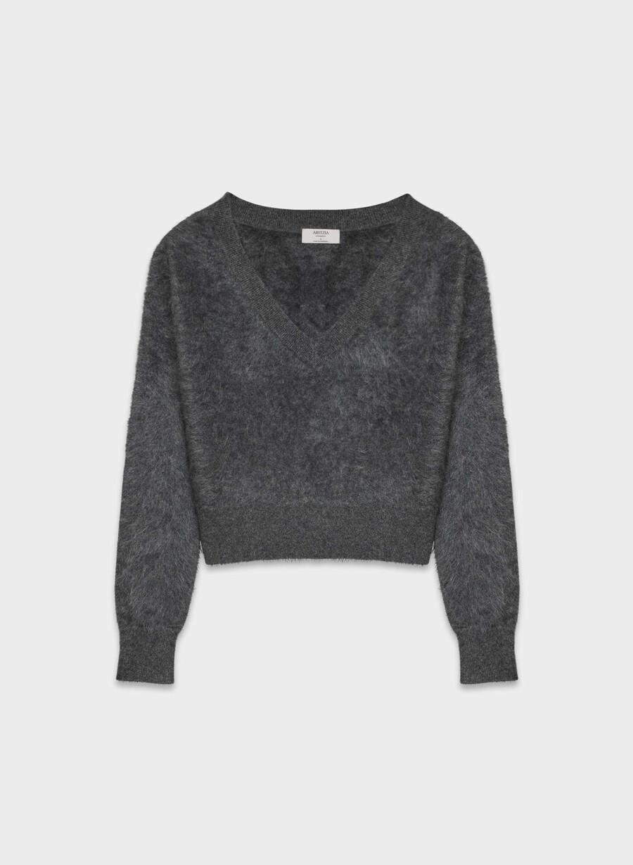 maglione con scollo a v in cashmere spazzolato colore antracite melange