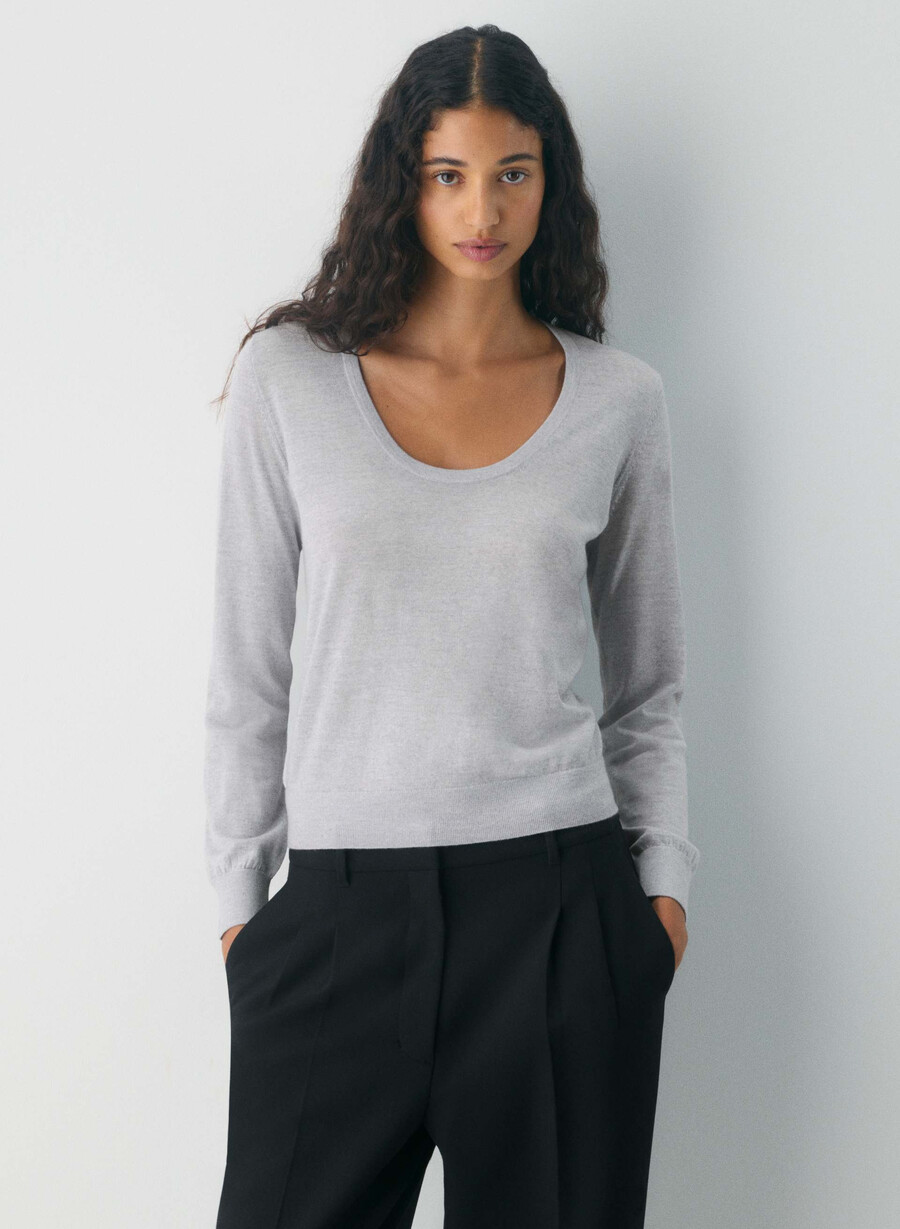 maglione a scollo rotondo in lana merino fine heather chrome