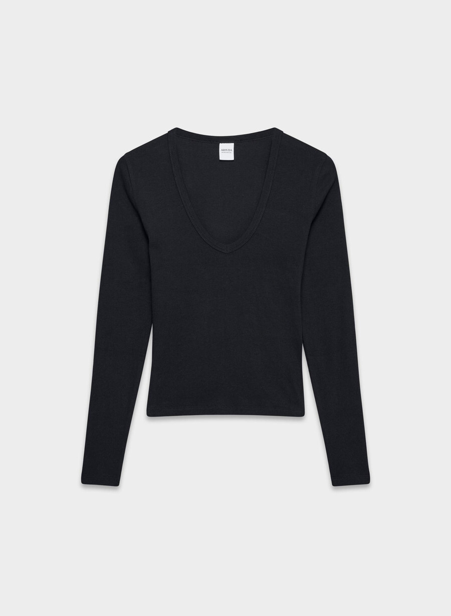 maglia a maniche lunghe con scollo a v profondo e costine homestretch nera