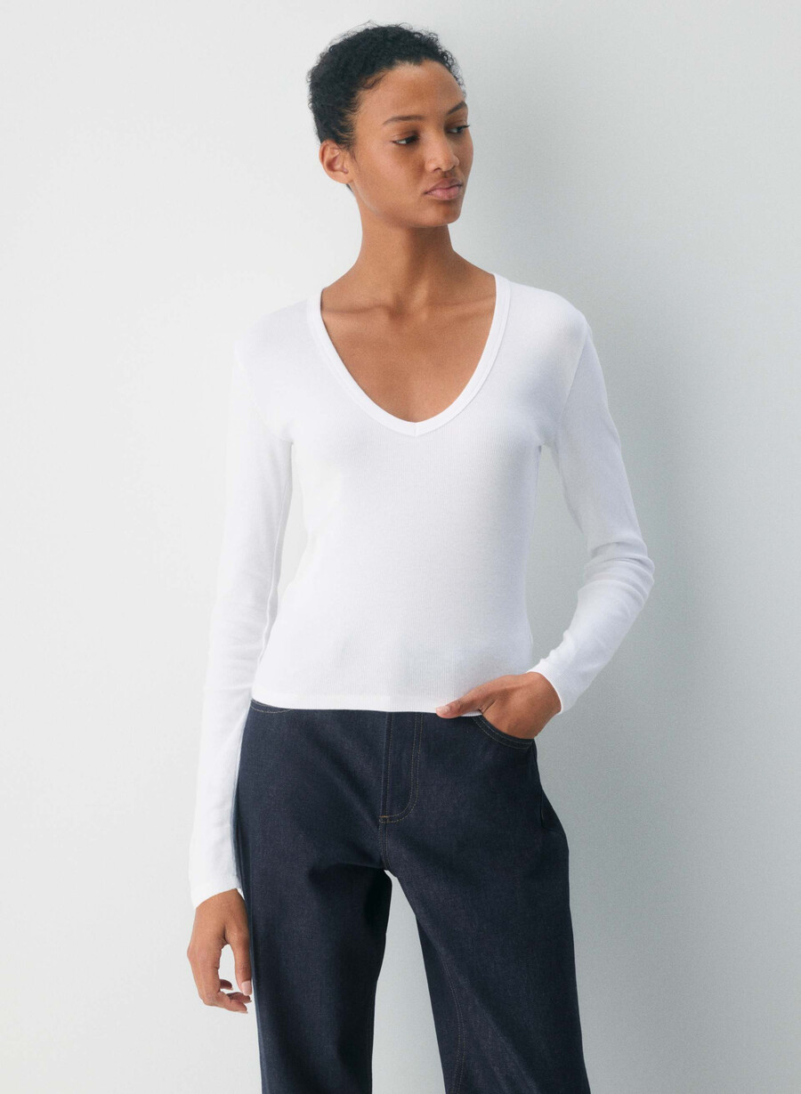 maglia a maniche lunghe homestretch rib deep v-neck white