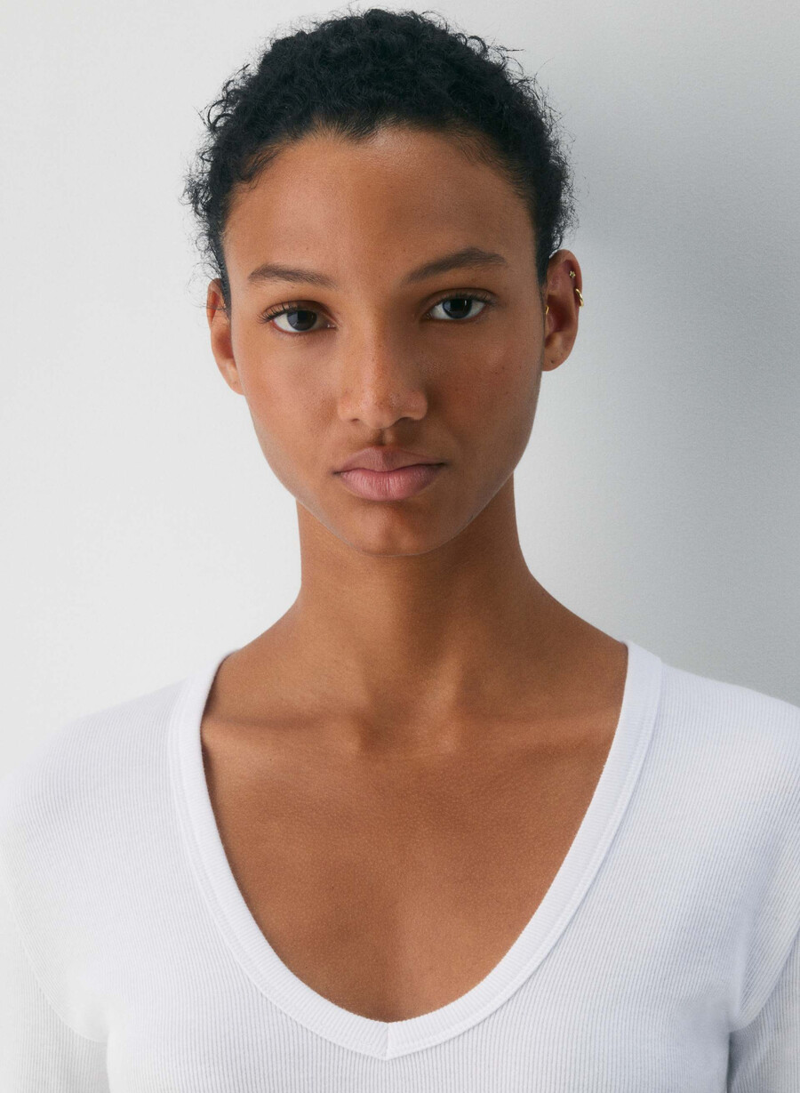 maglia a maniche lunghe homestretch rib deep v-neck white