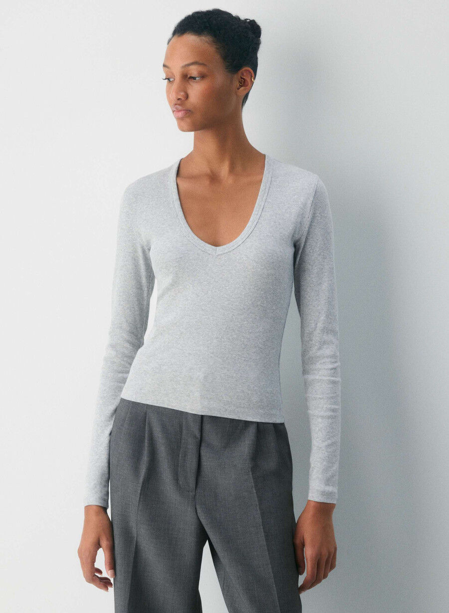 maglia a maniche lunghe con scollo a v profondo e costine homestretch heather chrome