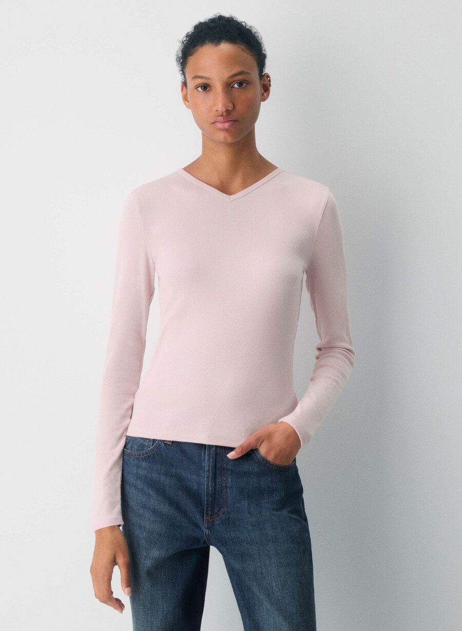 maglia a maniche lunghe homestretch con scollo a v alto e costine bianco