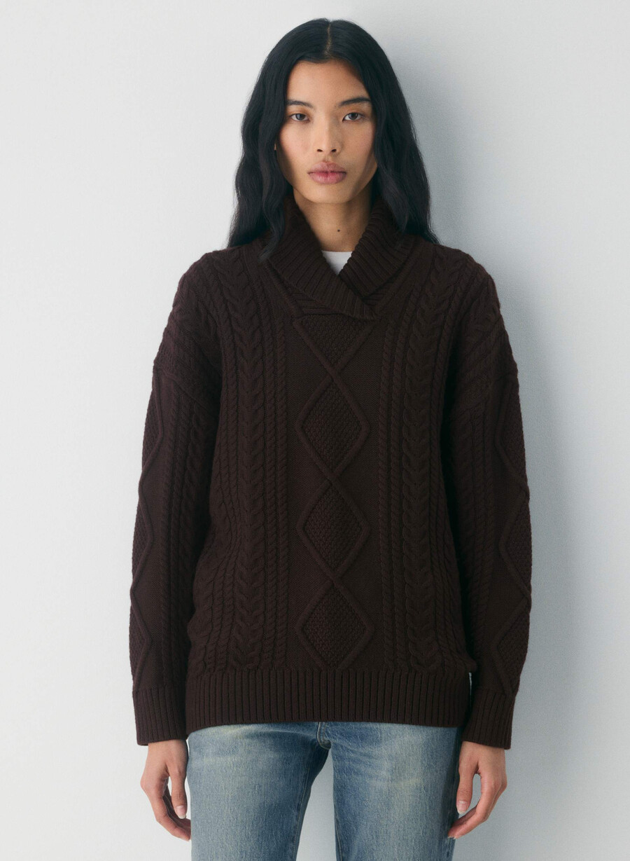 maglione con collo a scialle in lana merino heritage knit marrone moka intenso