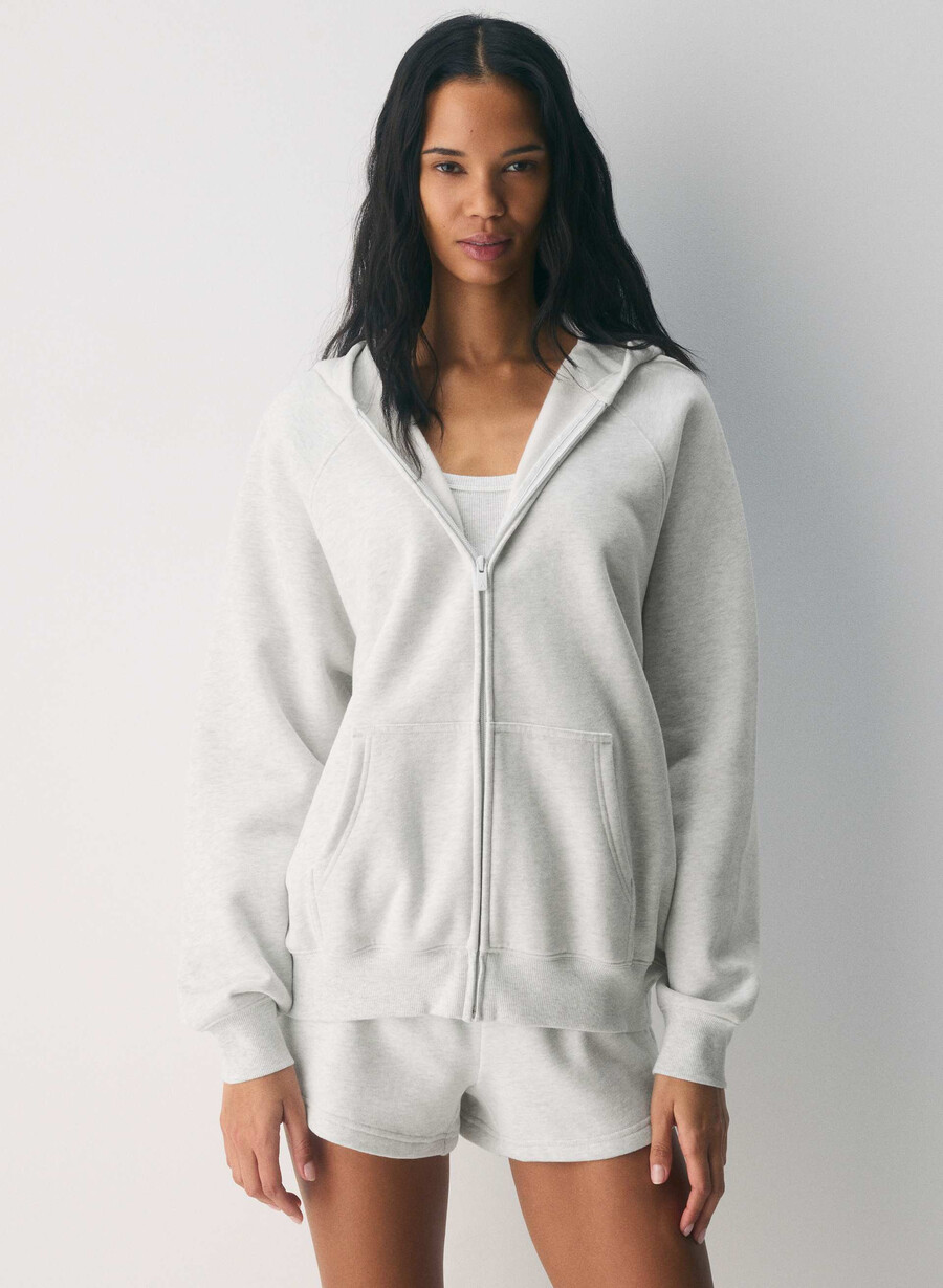 felpa con cappuccio e zip cozy sweatfleece mega raglan heather cloud white