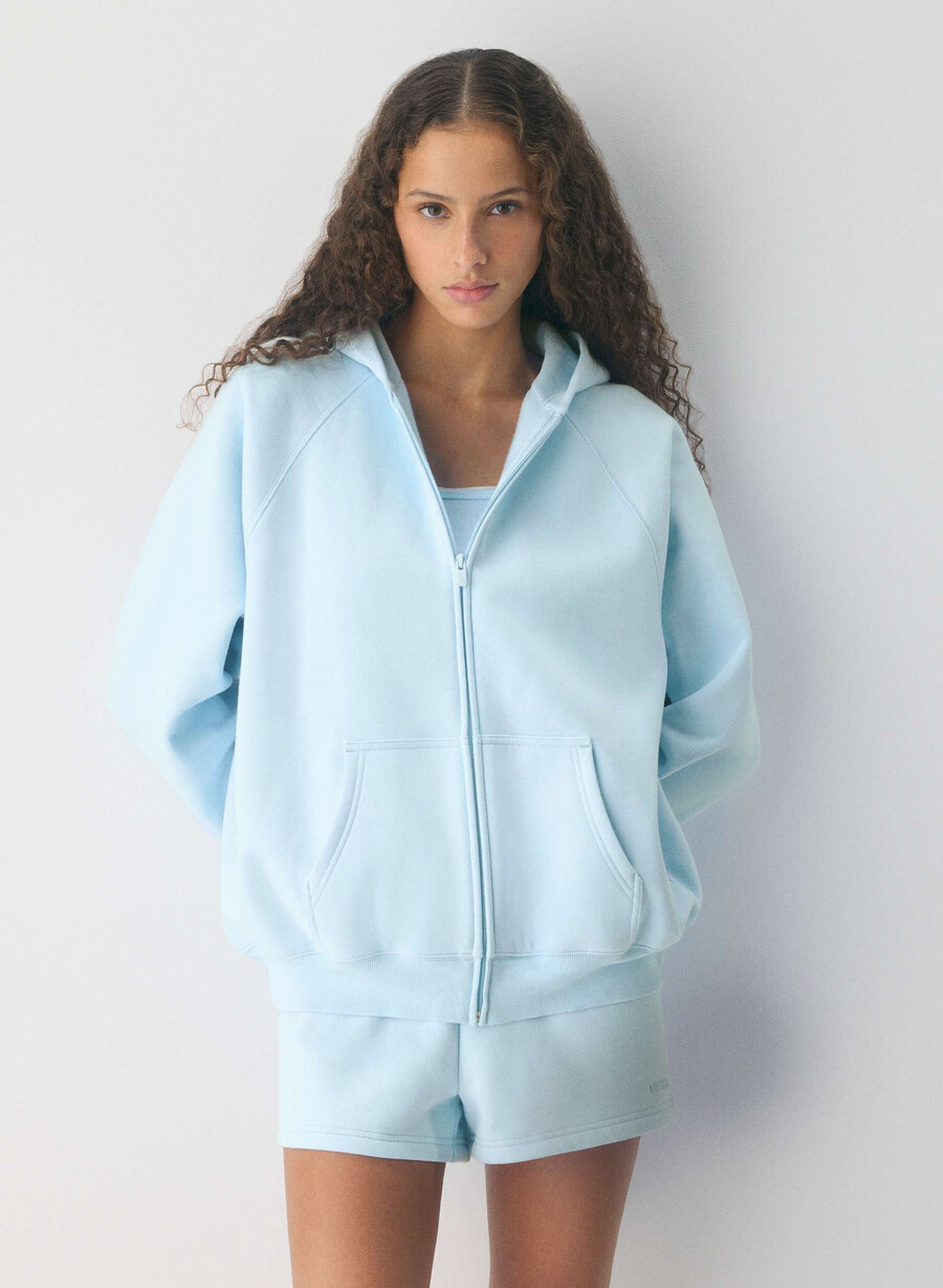 felpa con cappuccio e zip cozy sweatfleece mega raglan villa blue